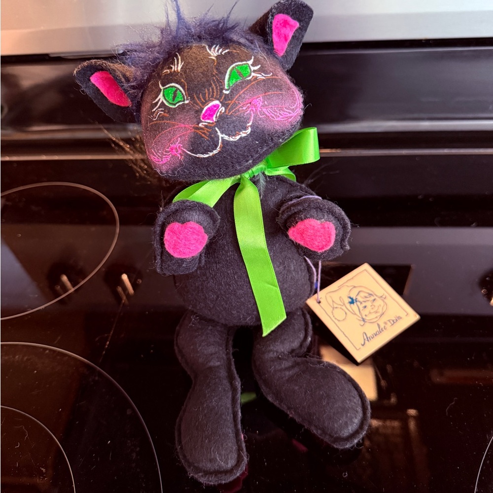 Vintage Annalee Black Plush Cat Toy Green Ribbon and Pink Accents Halloween